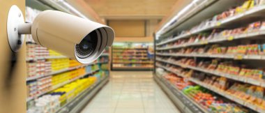 Süpermarket, güvenlik. Gizli Kamera Cctv bulanıklık süpermarket arka plan üzerinde. 3D illustratio