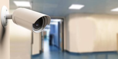 Hastane, güvenlik. Gizli Kamera Cctv bulanıklık hastane zemin üzerine. 3D illustratio