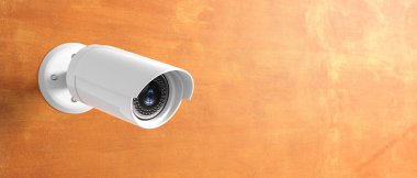 Güvenlik Kamera Cctv. gözetim cam izole boyalı duvar arka plan, afiş, kopya alanı. 3D illustratio