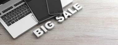 Online alışveriş satış konsepti. Afiş metin büyük satış mektupları ve elektronik cihazlarda ahşap bir masa. 3D çizim