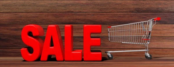 販売コンセプト 木製の背景に分離されたスーパー マーケットのトロリー 大きな赤い文字テキスト販売バナー イラストレーション — ストック写真