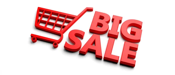 Großes Verkaufskonzept Text Großer Verkauf Rote Buchstaben Und Supermarkt Warenkorb — Stockfoto