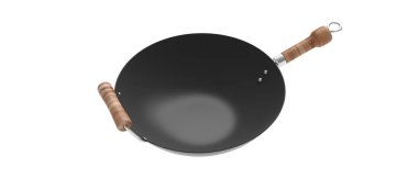 Çin Asya mutfağı. Boş wok ahşap kolları beyaz zemin üzerine dışarı izole kesim ile. 3D çizim