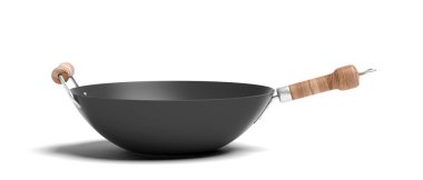 Çin Asya mutfağı. Beyaz arka plan üzerinde izole ahşap kulplu boş wok. 3D çizim