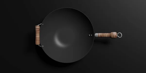 中国亚洲菜 空的锅与木制手柄隔离在黑色的背景 顶部的看法 — 图库照片