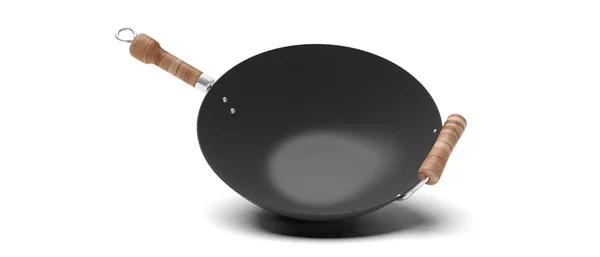 Cucina Asiatica Cinese Wok Vuoto Con Maniglie Legno Isolate Sfondo — Foto Stock