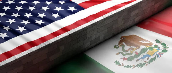 USA and Mexico split. Border wall between US of America and Mexico flags. 3d illustration