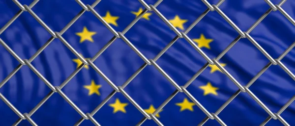 EU and migration border fence. European Union flag behind a steel wire mesh. 3d illustration