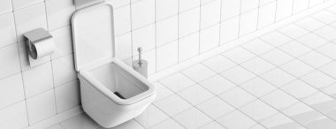WC, lavabo. Beyaz tuvalet kase ve aksesuarları döşenmiş Duvar ve zemin arka plan, afiş, uzay kopyalayın. 3D çizim