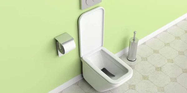 Toalett Vita Toalettstolen Och Tillbehör Kaklade Väggen Och Golvet Bakgrund — Stockfoto