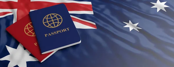 Travelling Australia Immigration Tourism Two Passports Australian Flag Background Banner — Stock Photo, Image