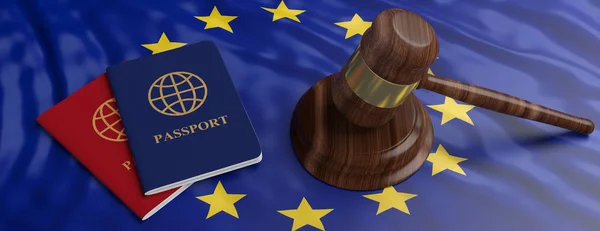 Иммиграционное Законодательство Два Паспорта Молоток Судьи Фоне Флага Европейского Союза — стоковое фото