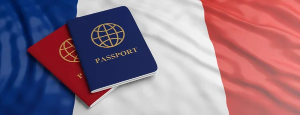 Viajar Para França Imigração Turismo Dois Passaportes Fundo Bandeira Francesa — Fotografia de Stock