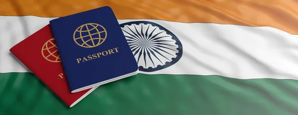 Viajar India Inmigración Turismo Dos Pasaportes Fondo Bandera India Pancarta —  Fotos de Stock