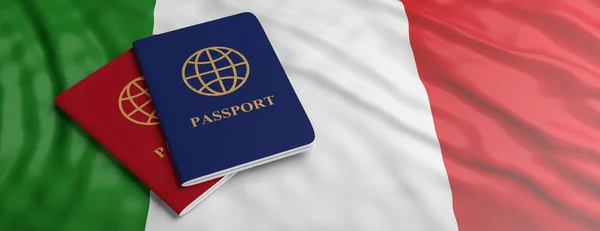 Viajar Para Itália Imigração Turismo Dois Passaportes Fundo Bandeira Italiana — Fotografia de Stock