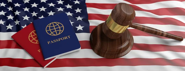 USA Immigration law. Two passports and a judge gavel on US of America flag background, banner. 3d illustration