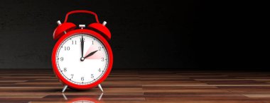 European daylight saving time end. Red alarm clock on wooden desk, black background, banner, copy space. 3d illustration clipart