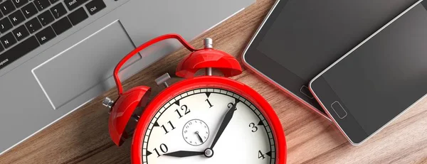 Time management concept. Devices and alarm clock on wood, banner, close up top view. 3d illustration
