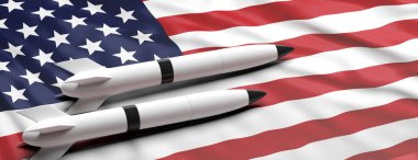ABD nükleer silah. Roket, füze Amerikan bayrağı arka plan, afiş, kopya alanı. 3D çizim