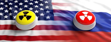 ABD ve Rusya'nın nükleer tehdit. Radyasyon uyarı sembolü Amerika ve Rusya bayraklarını arka plan, kırmızı ve sarı düğmeleriyle banner. 3D çizim