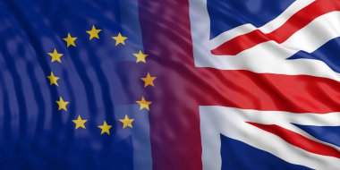 AB ve İngiltere ilişkileri, Brexit. Avrupa Birliği ve Amerika Birleşik Devletleri bayrağı sallayarak. 3D çizim