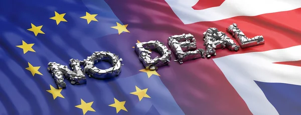 No deal, brexit. No deal text, broken letters on UK and EU flags background, banner. 3d illustration