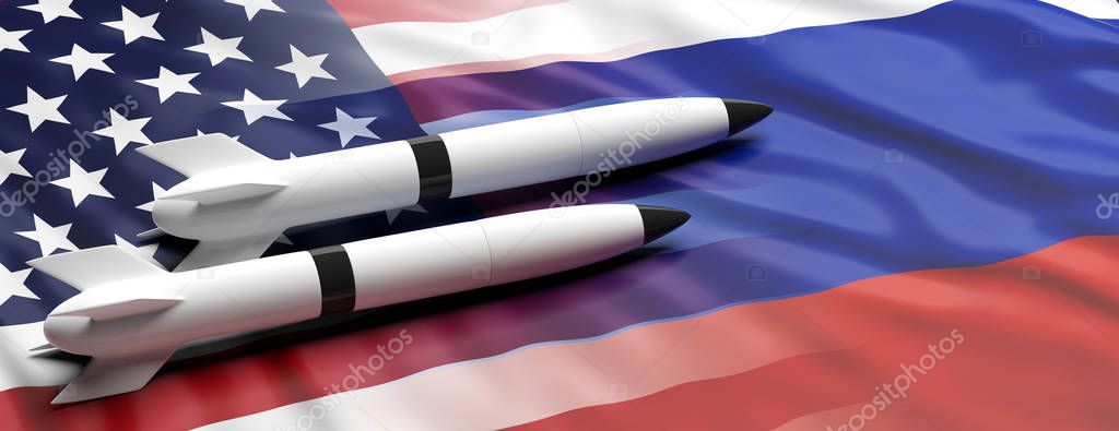 USA and Russia nuclear weapons. Rockets, missiles on America and Russian flags background, banner, copy space. 3d illustration