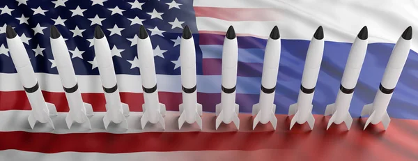 USA and Russia nuclear weapons. Rockets, missiles on America and Russian flags background, banner. 3d illustration