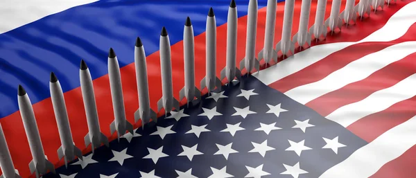 USA and Russia nuclear weapons. Rockets, missiles on America and Russian flags background. 3d illustration