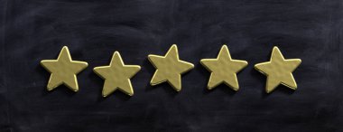 5 stars ranking, customer feedback concept. Five golden stars isolated on blackboard background, banner. 3d illustration clipart
