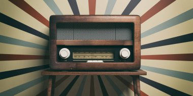 Vintage, retro radyo. Radyo eski moda ahşap masa, eski moda duvar arka plan, 3d çizim
