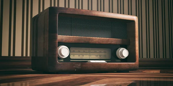 Vintage, retro radio. Radio old fashioned on wooden floor, old fashioned wall background, 3d illustration