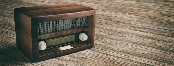 Vintage Retro Radio Radio Oude Ouderwets Houten Vloer Achtergrond Banner — Stockfoto