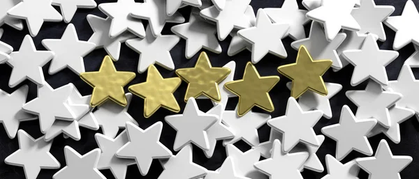 5 stars ranking, customer feedback concept. Five golden stars and white stars on black background. 3d illustration