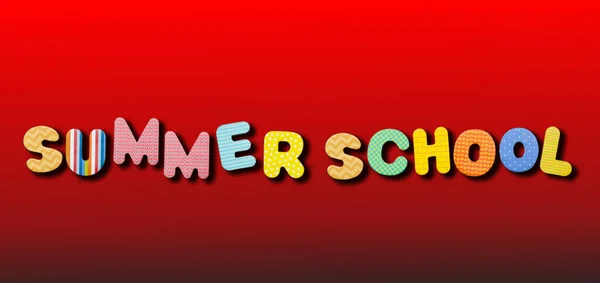 Summer School Concept Tekstkleur Met Kleurrijke Letters Rode Achtergrond Banner — Stockfoto