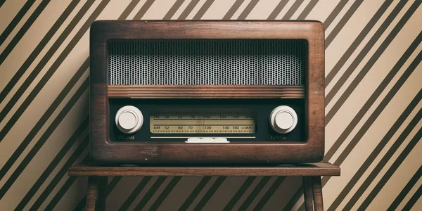 Radio Vintage Rétro Radio Ancienne Sur Table Bois Fond Mural — Photo