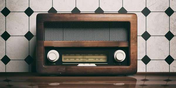 Radio Vintage Rétro Radio Ancienne Sur Bureau Bois Fond Mural — Photo