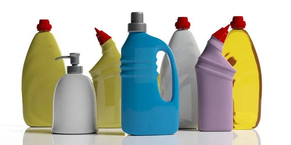 Prodotti Pulizie Varietà Bianco Senza Nome Bottiglie Plastica Con Detergenti — Foto Stock