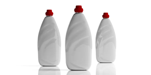 Dish soap containers. Dishwashing liquid detergent in white blank plastic bottles, isolated on white background. 3d illustration