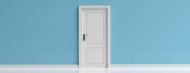 Kapalı kapı beyaz iç, mavi pastel duvar arka plan, afiş, kopya alanı. 3D çizim