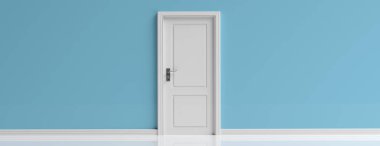 Kapalı kapı beyaz iç, mavi pastel duvar arka plan, afiş, kopya alanı. 3D çizim