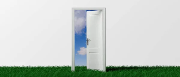 Drzwi Otwarte Przejście Błękitnego Nieba Nieba Otwarte Drzwi Zielonej Trawie — Zdjęcie stockowe