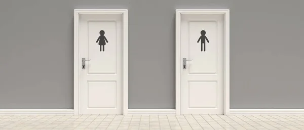 Toalety Dwoje Drzwi Zamknięte Szare Ściany Podłoże Wyłożone Kafelkami Podłogi — Zdjęcie stockowe