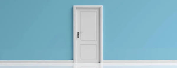 Closed door white interior, on blue pastel wall background, banner, copy space. 3d illustration