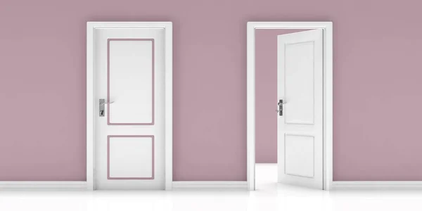 Home interior. Closed and open door set on pink wall and white floor background. 3d illustration