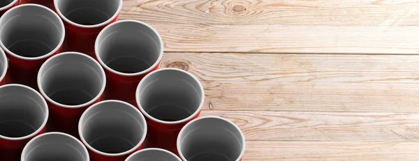 Червоні Білі Кольорові Чашки Дерев Яному Фоні Банер Простір Копіювання — стокове фото