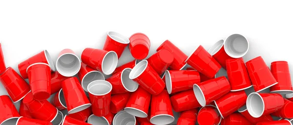 Пластиковий Червоний Білий Колір Одноразові Чашки Купа Білому Тлі Банер — стокове фото