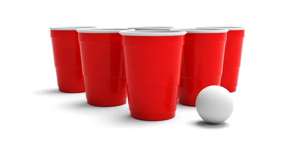 啤酒乒乓球 大学派对运动 塑料红色杯子和一个乒乓球查出在白色背景 — 图库照片