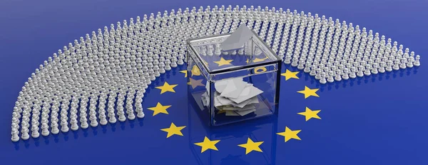 Europäische Parlamentarier als Schachfiguren und Wahlurne auf EU-Flagge, 3D-Illustration — Stockfoto