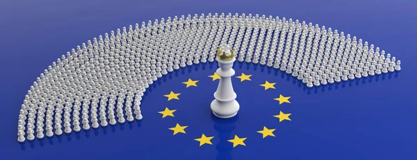Członkowie Parlamentu Europejskiego jako pionki i szachy king na flaga Unii Europejskiej, transparent. ilustracja 3D — Zdjęcie stockowe